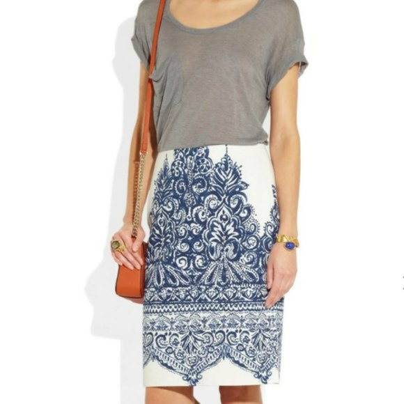 J.Crew Blue White Floral No. 2 Pencil Skirt Art to Wear Porcelain 8 medium botto